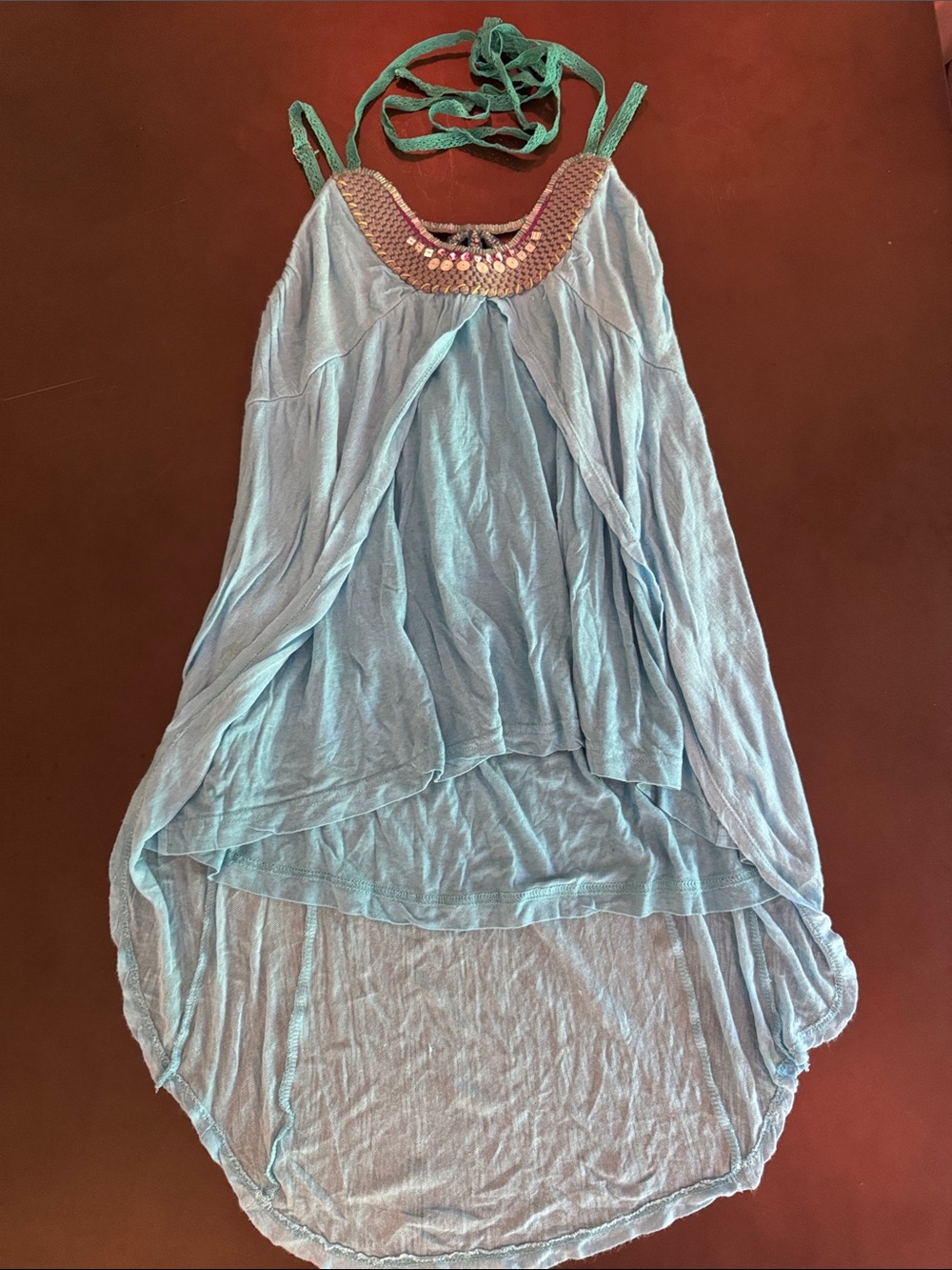Free People Light Blue High-Low Halter Tunic with Embellished Neck